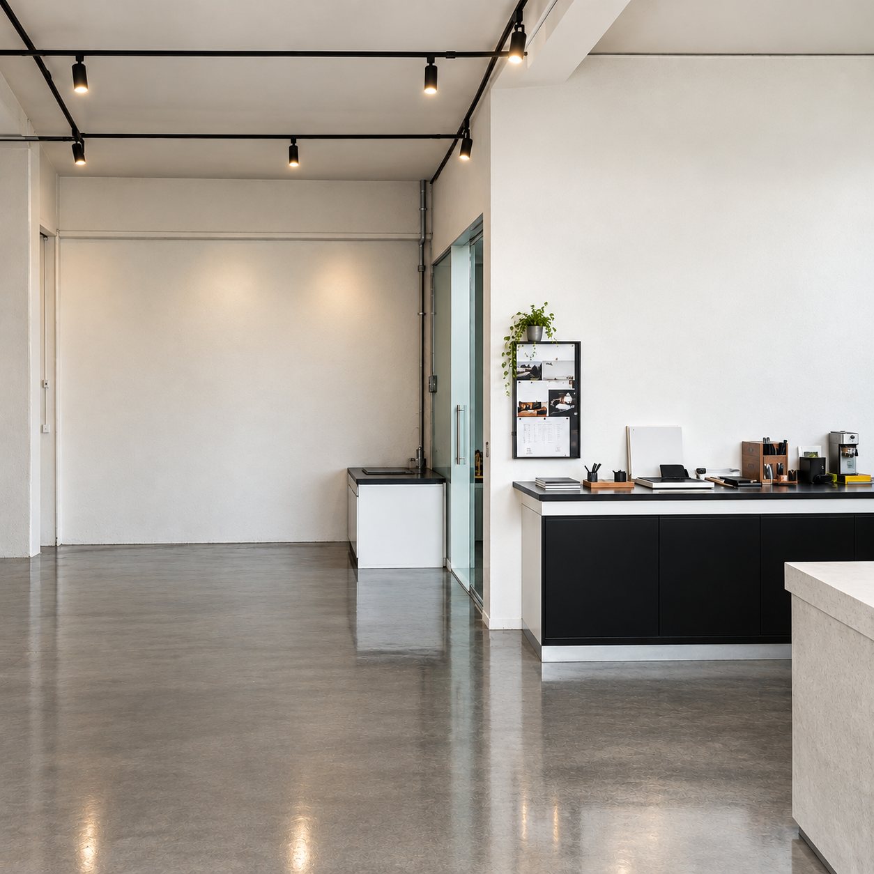 Bright workshop and studio interior with a black kitchen unit