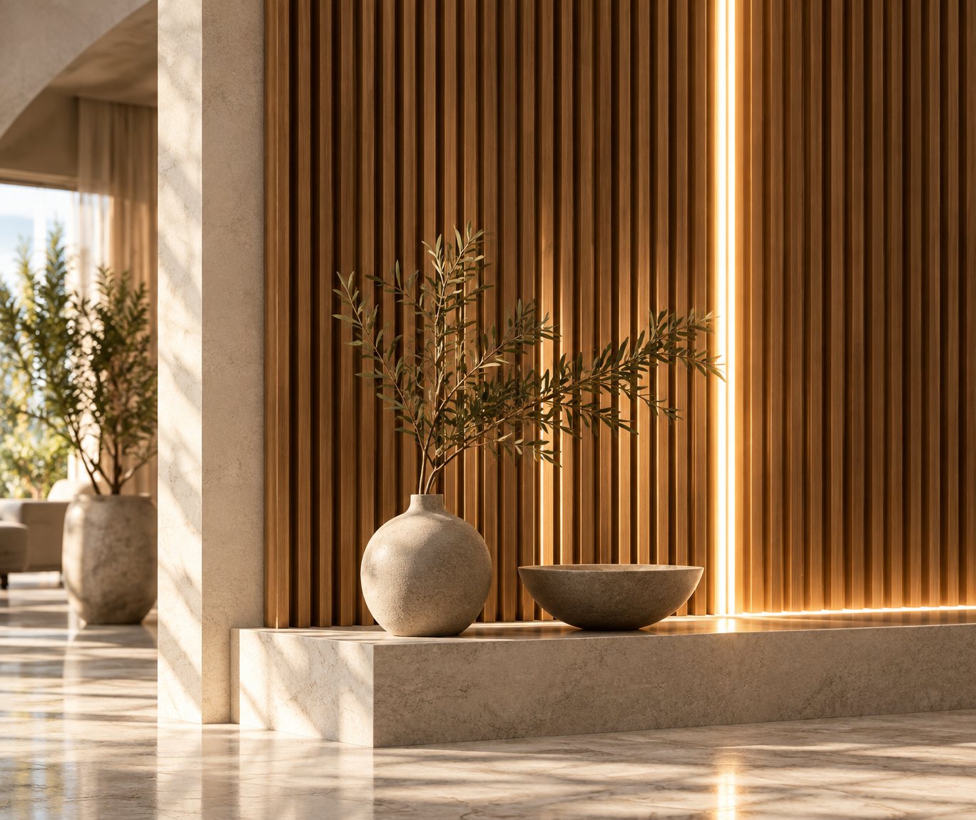 Slatted walnut feature wall with ceramic vase