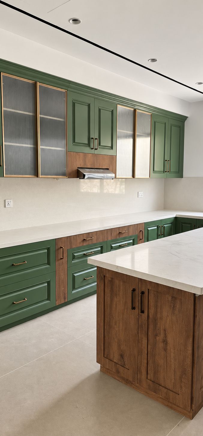 Green and walnut kitchen with white stone island