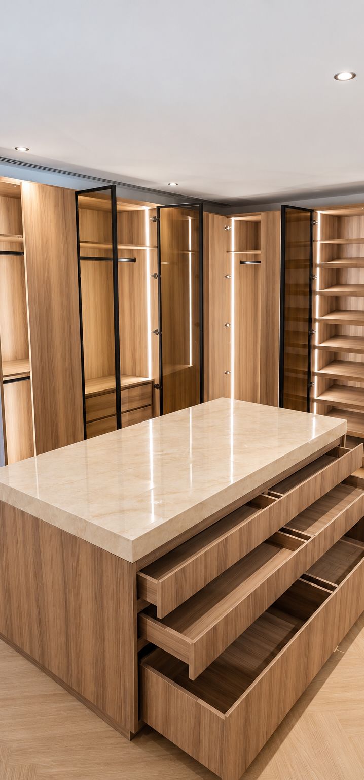 Walk-in wardrobe with marble-top island and open drawers