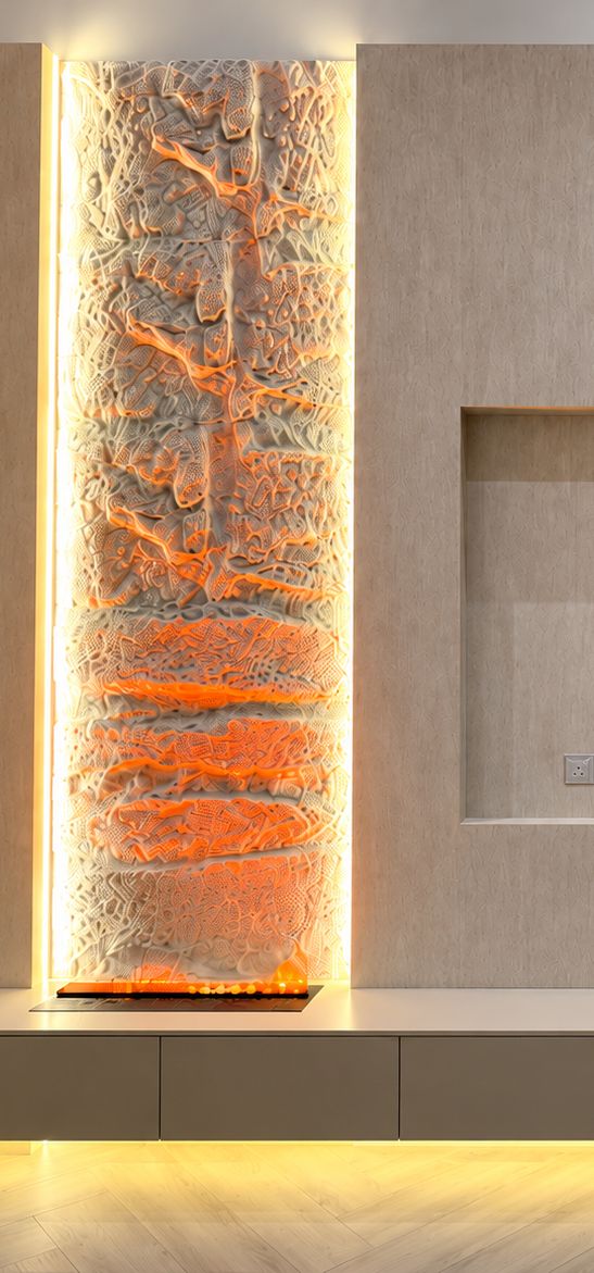 Textured feature wall with backlit sculpted panel