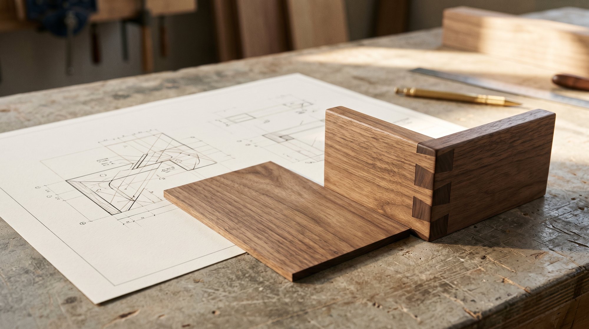 Architectural drawings and a walnut joint sample on a stone surface