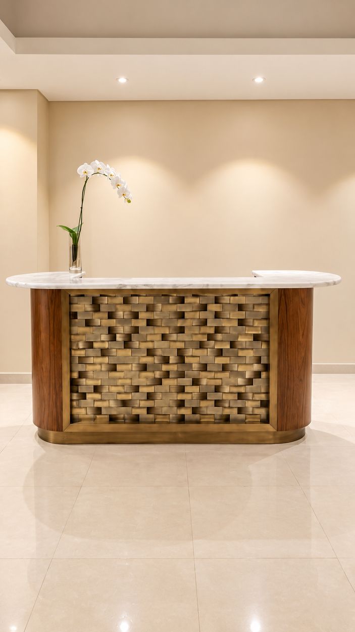Counter with woven brass-tone front, veneer ends and stone top