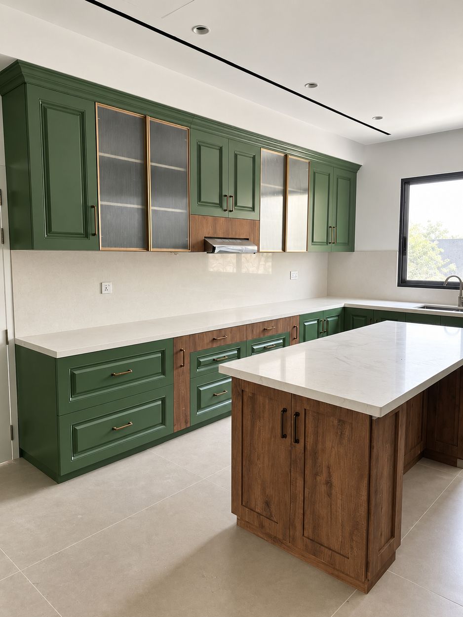 Green raised-panel kitchen with fluted-glass wall units and walnut island