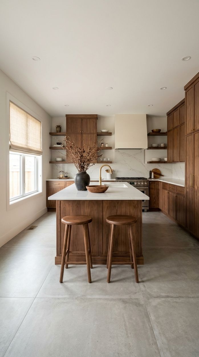 Walnut kitchen with open shelving, white stone island and timber stools