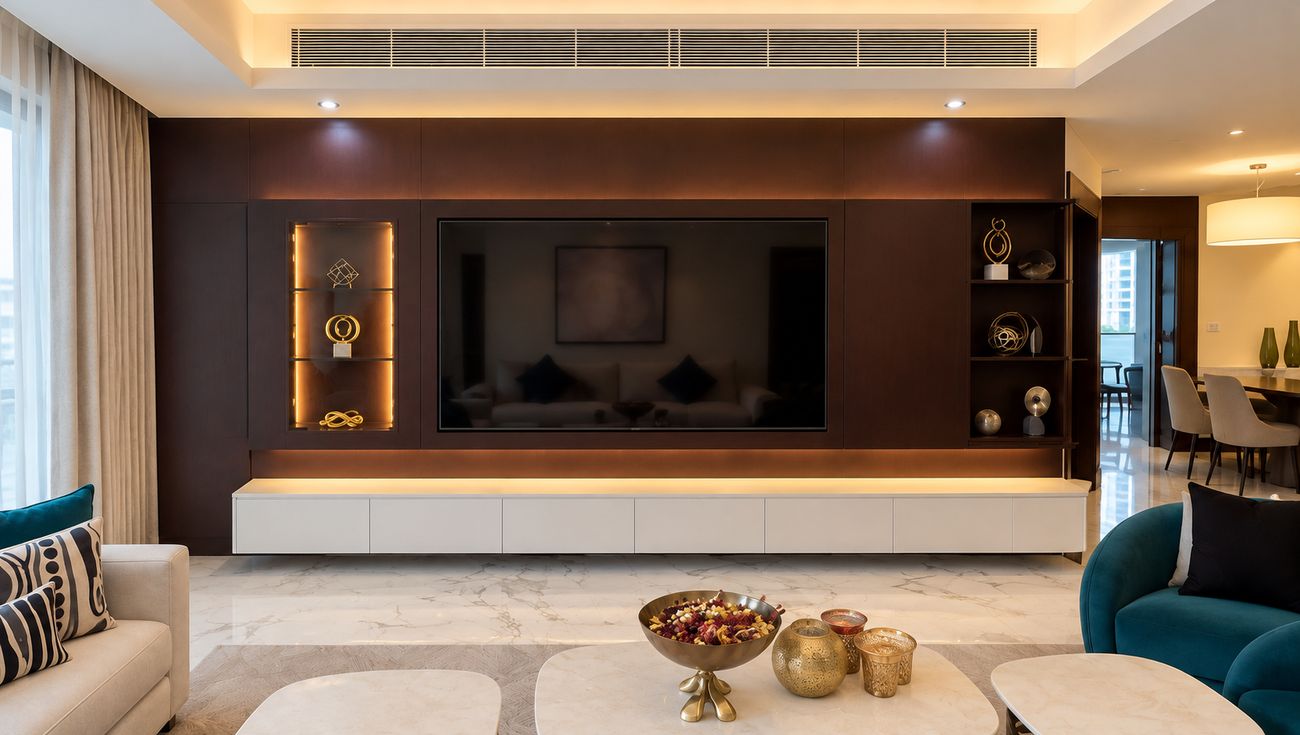 Dark timber media wall with lit display niches and a floating white console