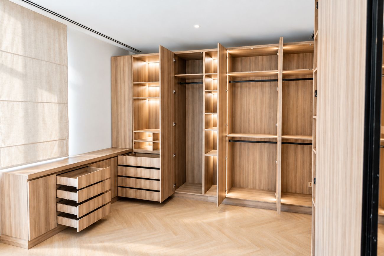 Wardrobe with open doors, lit shelving, drawers and twin hanging rails