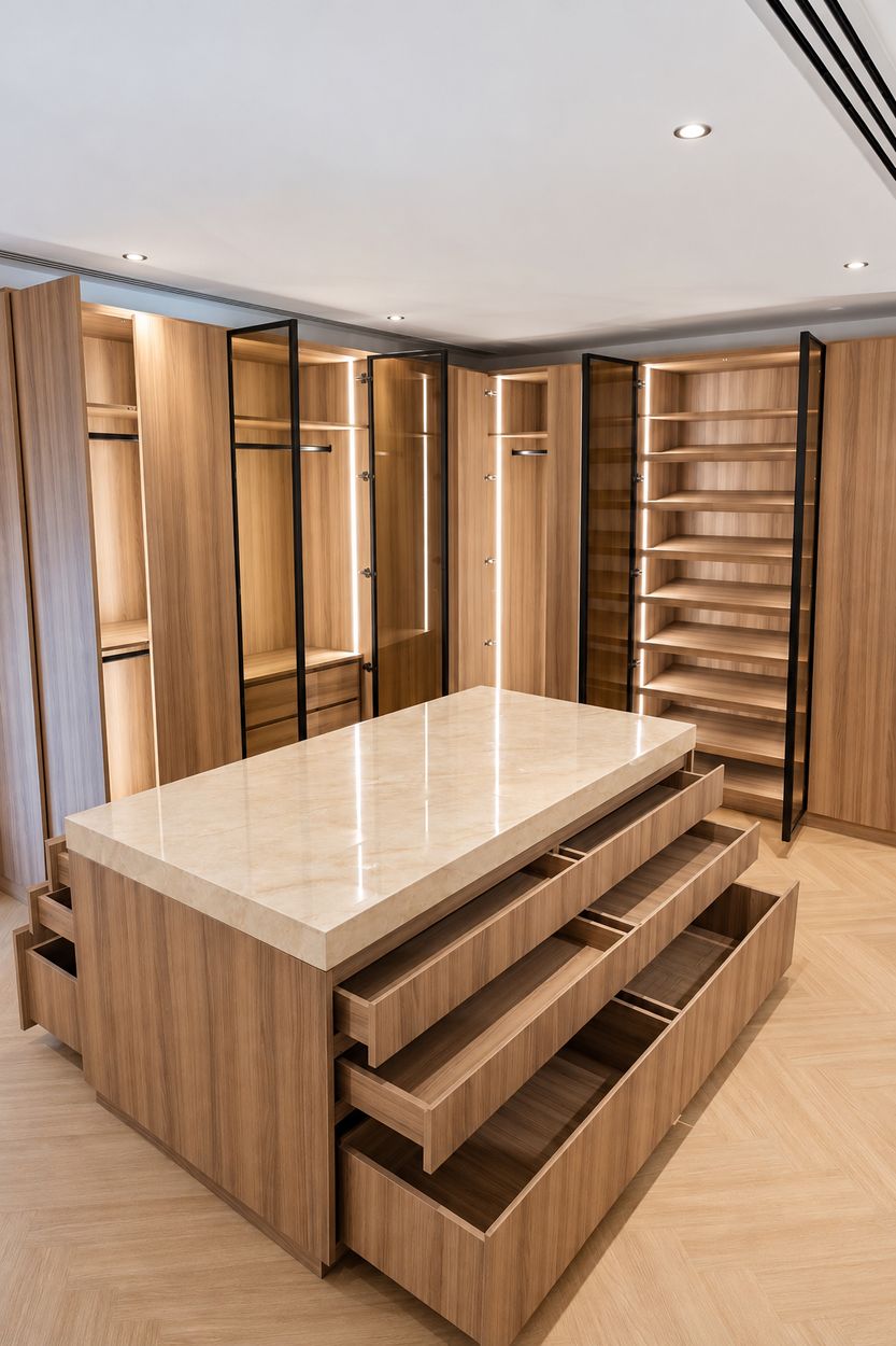 Dressing island with stone top and deep open drawers